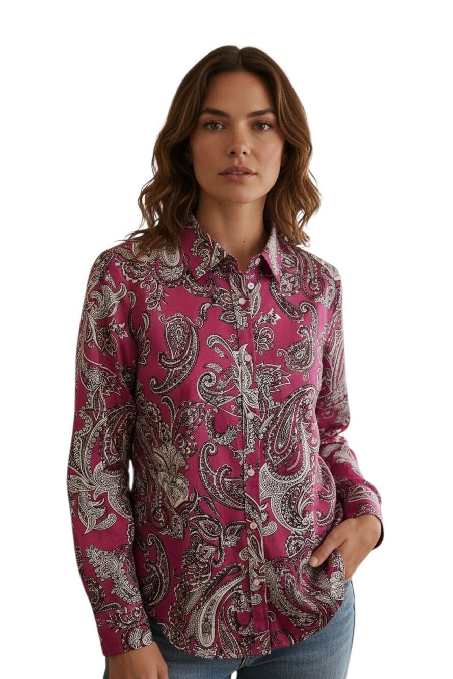 TALBOTS Women's 14 Blouse Paisley Pink Black Button Up Cotton Sateen Classic 40" - Picture 1 of 9